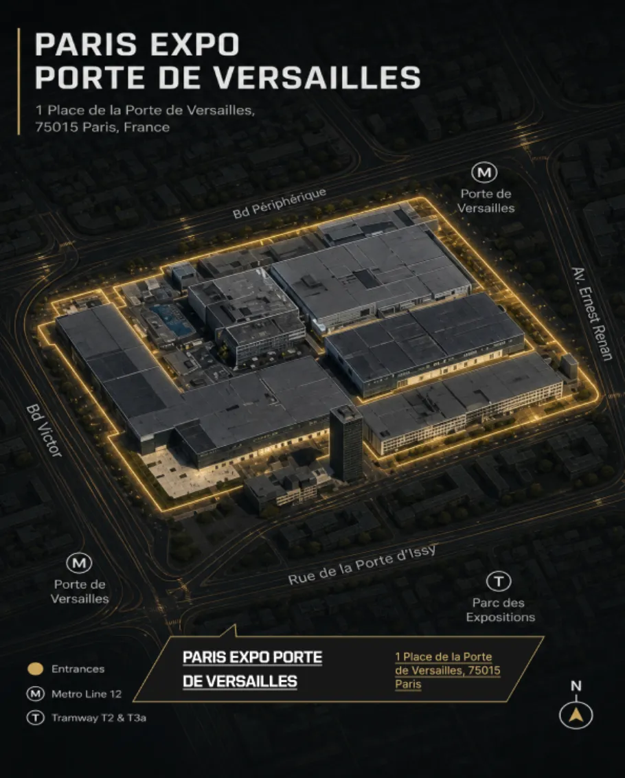 Official map of Paris Expo Porte de Versailles with entrances, Metro line 12 and trams T2 and T3a